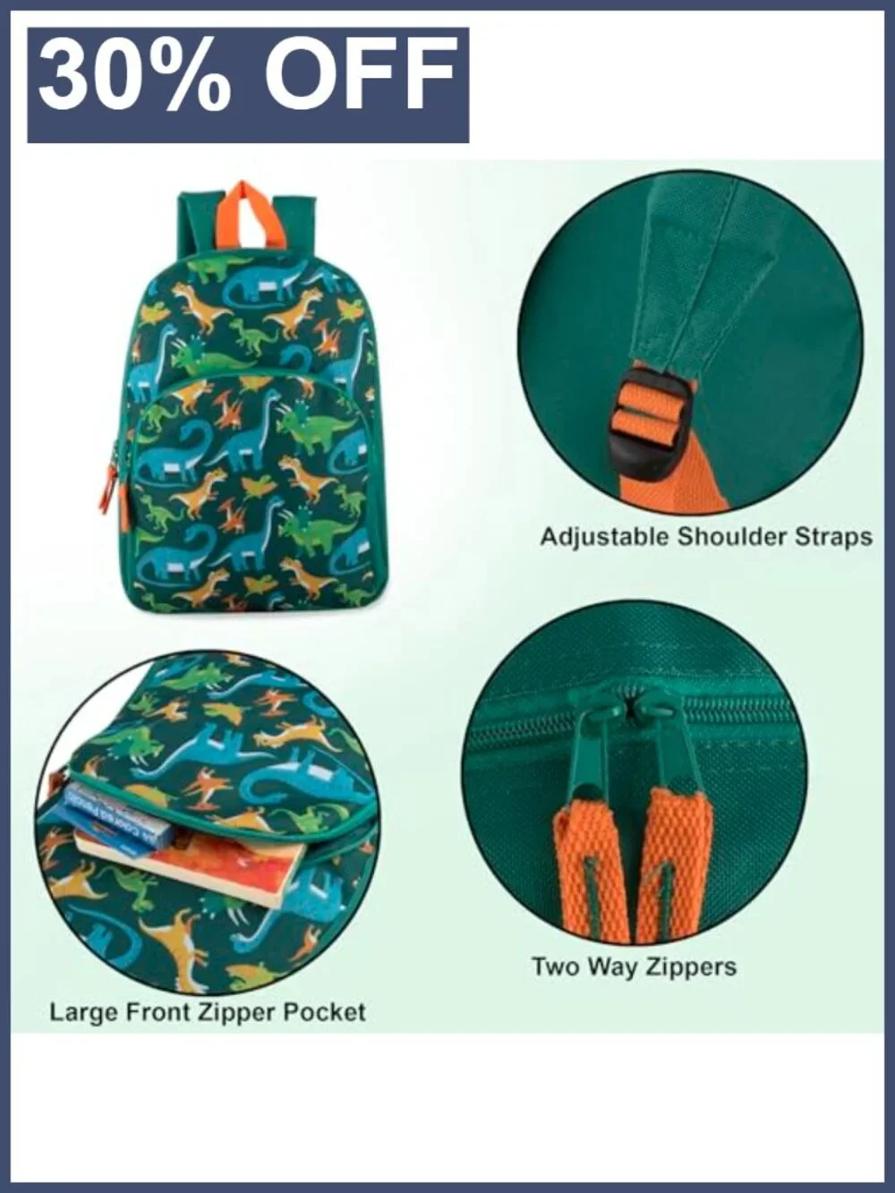 Kids Backpack with Dinosaur Print - Adjustable Padded Straps, 15 Inch for